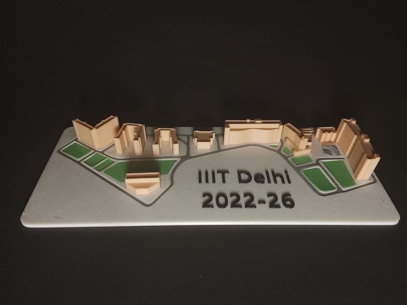 Multicolour 3D printed miniature of the IIIT Delhi campus