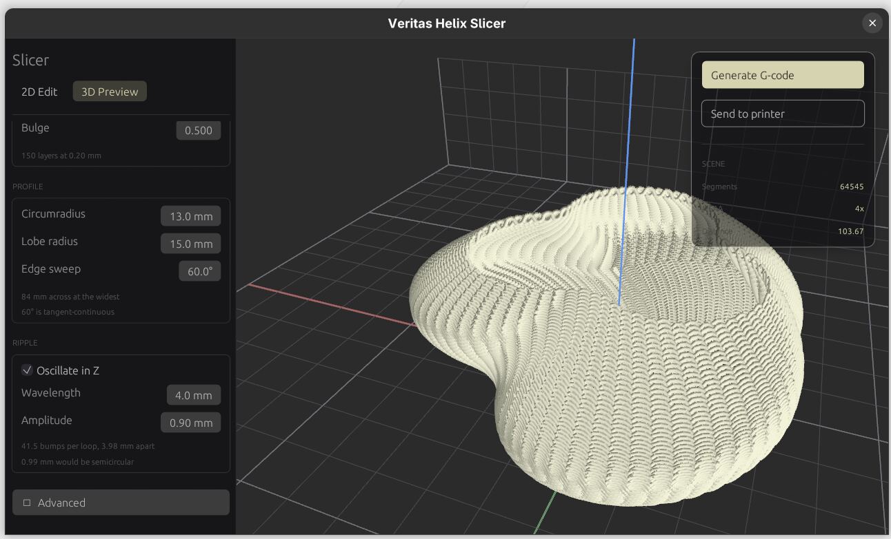 Helix Slicer previewing a twisted, swept part in 3D